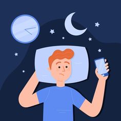 a man is sleeping in bed and holding his cell phone up to his head with the moon above him