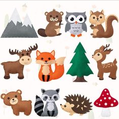 an assortment of woodland animals on a white background