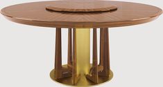 a wooden table with two metal legs and a circular top