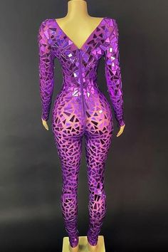 Futuristic Costume, Purple Sequin Dress, Purple Bodysuit, Club Events, Purple Mirror, Engagement Parties, Engagement Party Decorations, Mesh Bodysuit, Art Clothes