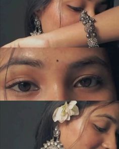 two pictures of a woman's face with jewelry around her neck and hands on the forehead