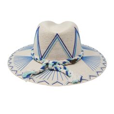 White Palm Straw Hat with Blue Fan Design by Corazon Playero. Custom designed and hand made hats by artisans in San Jose Del Cabo, Mexico. These hats are one size fits most with an elastic band inside to add comfort and fit for all head sizes. Each hat has a 3-4 week turnaround. Please note, all hats come with natural braid unless custom braid is purchased. Blue Flat Brim Hat For The Beach, Blue Wide Brim Hat For Festival, Blue Wide Brim Straw Hat For Festivals, Blue Panama Hat With Curved Brim For Beach, Blue Panama Hat For Beach With Curved Brim, Blue Fedora One Size Fits Most For Summer, Blue Fedora Straw Hat For Festival, Blue Fedora With Curved Brim For Festival, Bohemian Blue Sun Hat With Curved Brim