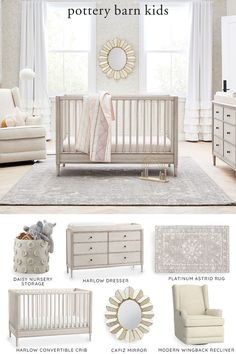 a nursery room with neutral furniture and accessories