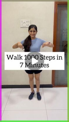 a woman standing in front of a door holding a sign that reads walk 10 minutes in 7 minutes