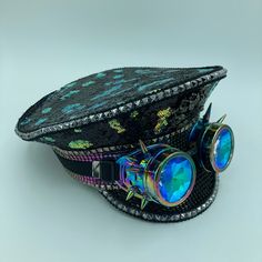 Black Rainbow Patch Sequin Burner Captains Hat Black Punk Brimmed Hats, Black Brimmed Punk Hat, Fitted Black Hat For Festival, Rainbow Patch, Black Rainbow, Festival Captain Hat, Captain Hat, Sequin, Womens Sizes