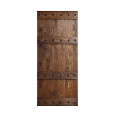 a wooden door with metal knobs on the front and side panels, against a white background