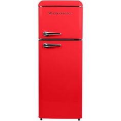 a red refrigerator freezer sitting on top of a white wall