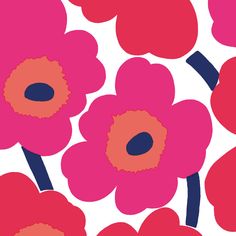 red and pink flowers on a white background with blue circles in the center, as well as an orange circle at the center