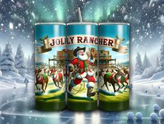 three christmas themed coffee mugs with santa claus on the front, and an image of a sleigh in the background