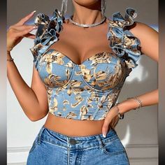 Blue Cropped Corset For Summer, Trendy Fitted Blue Corset, Blue Summer Corset For Night Out, Trendy Blue Corset For Spring, Blue Corset For Summer Night Out, Trendy Sleeveless Blue Corset, Trendy Blue Sleeveless Corset, Fitted Ruffles Crop Top For Party, Trendy Blue Spring Corset