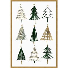 a christmas card with different trees in green, gold and white on the bottom right corner