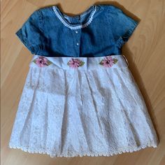 Adorable Denim Look Top With Lace Bottom And Pink Daisy Belt. Super Pretty. Can Be Worn Dressy Or Casual Skirt Has Lining New With Tags #Girls-Dress. # Daisy. #Girls #Daisy-Dress #Dress #Lace #Denim #Casual #Dressy #Nwt. #Toddler. #Toddler-Girls. #Toddler-Dress #Toddler-Daisy White Denim Dress For Summer, White Denim Summer Dress, Cute Short Sleeve Denim Dress, Blue Denim Summer Dress For Playtime, Blue Denim Dress For Playtime In Spring, Fitted White Denim Dress, White Fitted Denim Dress, Cute Fitted Denim Dresses, Cute Medium Wash Spring Dress