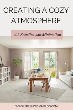 a living room filled with furniture and a table in front of a bookcase that reads creating