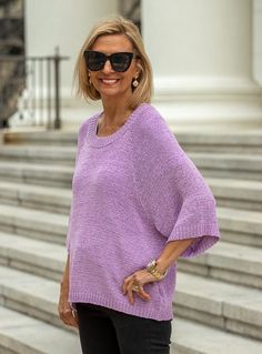 Take a look at our New Lavender Tape Yarn Three Quarter Sleeve Sweater Top Made out of soft lavender tape yarn Yarn content: 100% Acrylic Color: Lavender Loose body with open weave Three quarter length sleeves Crew neck with ribbed finish around the edge Ribbing detail in bottom and sleeves Back length from top to bottom 23" Chic Purple Spring Sweater, Chic Purple Sweater For Spring, Spring Purple Textured Knit Sweater, Lavender Knit Tops For Spring, Spring Lavender Knit Tops, Soft Lavender, Leopard Print Shorts, Dolman Sleeve Tops, Just Style