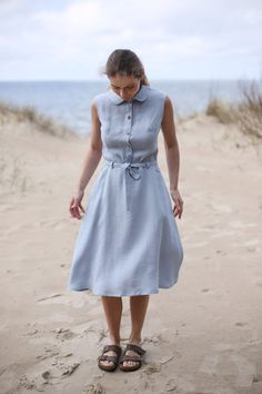 Wide skirt linen dress | Dress with Peter Pan collar | Bellow The Knees | Sleeve dress | Linen dress | Dress with belt | Button Down Dress Details: - Made of 100% natural washed and soft medium weight (205 g/m Oeko-Tex certified linen; - colour: Greyish Blue, but could be any from our 30 available colours (colour palette is below);  - pre washed linen fabric; - there is side zipper; - there's a belt; - with are two side pockets; - making time approx. 3-5 working days; - with aim to make more nat Summer Belted Dress With Buttons For Daywear, Fitted Linen Belted Shirt Dress, Collared Linen Belted Dress, Belted Linen Collared Dress, Collared Linen Dresses With Button Closure, Linen Collared Dresses With Buttons, Sea Clothes, Knee Sleeves, Button Down Dress