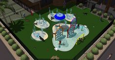 an artist's rendering of a children's play area with water features and slides