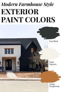 the exterior paint colors for this modern farmhouse style house are black, white, and brown