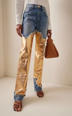 The Cortlandt Paneled Metallic Leather Straight-Leg Jeans By Brandon Maxwell | Moda Operandi Demin On Demin, Leather Panel, Brandon Maxwell, Slingbacks, Metallic Leather, Moda Operandi, Gold Finish, Straight Leg Jeans, Everyday Fashion