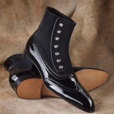 Handmade Premium Quality Leather Black Colour Button Top Wing Tip Brogue Men Boots ❤ Upper Material👉 Genuine Calf Leather ❤ Inner Linings👉 Soft Leather ❤ Style👉 Wing Tip Brogue Button Top ❤ Colour👉  Black  ❤ Sole👉 Leather ❤ Gender👉 Male ❤ Heel👉 Leather ❤ Totally Hand stitched 👍 Manufacturing Time 12 to 14 Business Days Accessories may differ Sometime a little from original picture due to availability Coloured rubber out sole extends durability and longevity of these striking men's dress shoes LOAFER These comfortable slip-on shoes were invented at the turn of the 20th century and are considered offshoots of moccasins. The shaft of the loafer continues down under the length of the foot and is sealed on top with a vamp insert. Loafers also feature an out sole and a heel. CALF Skin Th Leather Cap Toe Boots With Buttons, Classic Leather Boots With Buttons, Black Wingtip Boots For Office, Color Boots, Button Boots, Mens Dress Boots, High Ankle Boots, Mens Leather Boots, Boots For Men