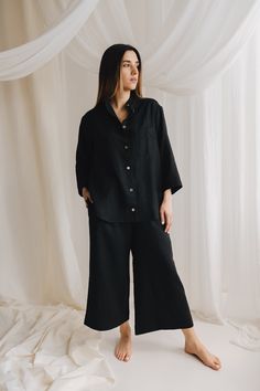 Linen pajama set includes a button-down shirt and culottes with pockets. 100% softened linen, 170-180 gsm OEKO-tex standard 100 certified  We have linen shirts and culottes in different sizes - XS to XXXL, but we are happy to make additional sizes for you. You can choose different sizes for your set. It includes a belt.  Please, CHECK the approximate measurements of the person. XS Bust - 31.5 - 33 inches (80-84 cm) Waist - 25.4 - 26.7 inches (64.5-68 cm) Hips - 34.6 - 36.2  inches (88-92 cm) S B Collared Loungewear Sets With Buttons, Collared Sets With Buttons For Loungewear, Relaxed Fit Loungewear Bottoms With Buttons, Casual Sleepwear With Buttons In Relaxed Fit, Relaxed Fit Button-up Sleepwear, Relaxed Fit Linen Button-up Bottoms, Relaxed Fit Button-up Loungewear Sets, Relaxed Fit Bottoms With Button Cuffs For Loungewear, Button-up Sets For Daywear