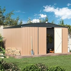 a garden shed with its doors open and tools in the back ground next to it