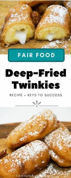 a pile of donuts sitting on top of a wooden cutting board with the title fun treats deep - fried twinkies