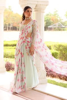 Georgette Pre-Drape Saree with Bias flare and pallu of floral Printed chiffon. Paired with heavily embroidered blouse with pearl details on hem Lehenga Suit, Saree Floral, Drape Saree, Pearl Details, Embroidered Blouse, Floral Printed, Anarkali, Skirt Length, Lehenga