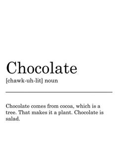 the words chocolate are written in black on a white background with an image of a plant