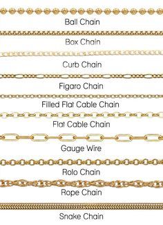 Chain Measurements Chart, Chain Types Jewelry, Different Chain Styles, Types Of Jewelry Chains, Types Of Chains Jewelry, Permanent Jewelry Chains, Gold Knowledge, Types Of Gold Chains, Types Of Necklace Chains