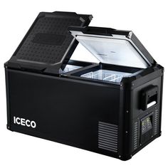 an iceo cooler is shown with the lid open and it's tray opened