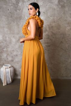 Mustard Dress, Mustard Yellow Dresses, Modest Maxi Dress, Yellow Clothes, Modest Maxi, Halter Neck Maxi Dress, Mustard Dressing, Dark Yellow, Ruffled Maxi Dress