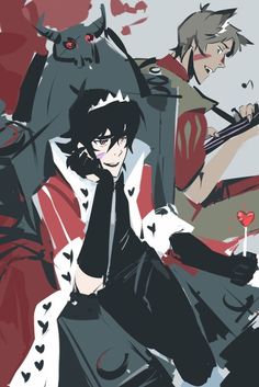 two anime characters sitting next to each other in front of a red and black background