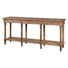 a wooden console table with two shelves on one side and an open shelf at the top