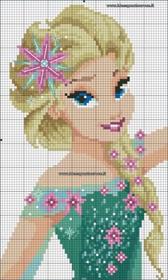 a cross stitch pattern of a blonde haired girl with blue eyes and pink flowers in her hair