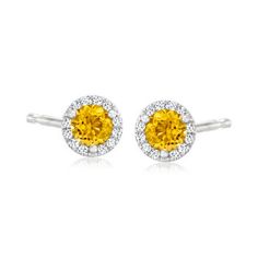 Gabriel Designs .46ct t. w. Citrine Halo Earrings, Diamond Accents. From Gabriel Designs, these classic halo earrings embrace vibrant gemstone color! Featuring sunny .46 ct. t. w. round citrines bordered by diamond accents and set in 14kt white gold. Post/clutch, Gabriel Designs citrine halo earrings. Citrine birthstones are the perfect gift for November birthdays. Formal Yellow Earrings With Halo Setting, Yellow Halo Design Earrings In Fine Jewelry, Yellow Halo Design Fine Jewelry Earrings, Yellow Halo Design Earrings Fine Jewelry, Fine Jewelry Yellow Earrings With Halo Design, Citrine Birthstone, Halo Earrings, Earrings Diamond, Fine Jewellery Earrings