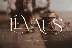 the word evaus is written in brown and white letters on a wooden table with leaves