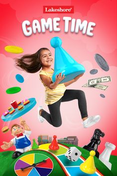 a girl jumping up into the air with a game time hat on her head and other toys around her