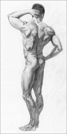 a pencil drawing of a man with his back to the camera