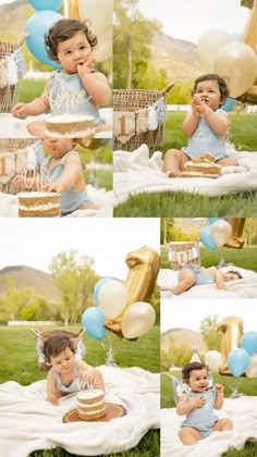 a collage of photos shows a baby sitting on the grass with balloons and cake