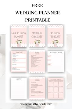 the free wedding planner printable is shown in pink and white with flowers on it