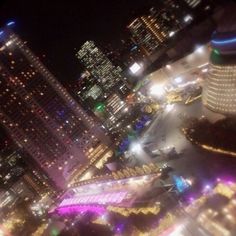 an aerial view of a city at night