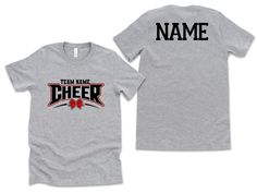 This Custom Cheer shirt will get you ready to show your school spirit with the personalized name and team name. Multiple sizes and colors available. Available in Toddler and Youth Sizes too! Perfect gift for any Cheer Family or Squad to wear at your next Game or event!  You can customize the front with a Team Name or any Name you prefer! Message me directly if you have any questions about shirt or design color. I have multiple school colors available. ❤ SIZE/Color:  Please be sure to review the Black T-shirt With Team Name For Cheerleading, Customizable Casual T-shirt For Cheerleading, Team-colored Custom Print T-shirt With Short Sleeves, Team-colored Custom Print Short Sleeve T-shirt, Customizable College Fan Apparel T-shirt, Team-colored Crew Neck T-shirt For Cheerleading, Customizable College Sports Fan T-shirt, Customizable Collegiate T-shirt For College, Customizable College T-shirt For Sports Fans