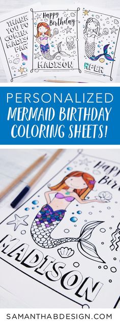 mermaid birthday coloring sheets with the text personalized mermaid birthday coloring sheets on top and below