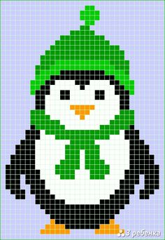 a cross stitch penguin wearing a green hat