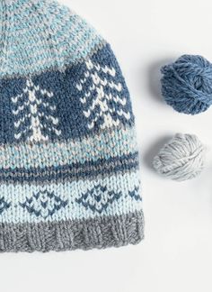 two balls of yarn next to a knitted hat