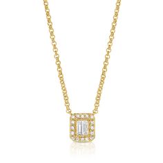 Step into a world of timeless elegance with our 14K Gold Illusion Set Necklace. This exquisite piece features a captivating design where diamonds are intricately set to create an illusion of larger stones. Crafted from lustrous 14K gold, the necklace showcases 0.10 carats of dazzling diamonds that sparkle with every movement. Suspended from a delicate 14K gold chain, this necklace is a perfect blend of sophistication and glamour. Whether worn as a statement piece or layered with other favorites, Elegant Gold Solitaire Necklace With Emerald Cut, Elegant Gold Emerald Cut Solitaire Necklace, Elegant Yellow Gold Necklace With Baguette Diamonds, Luxury Gold Solitaire Necklace Emerald Cut, Elegant Solitaire Necklace With Baguette Diamonds, Luxury Gold Emerald-cut Solitaire Necklace, Elegant Gold Diamond Necklace, Baguette Cut, Elegant Gold Diamond Necklace With Baguette Cut, Elegant Gold Baguette Cut Diamond Necklace