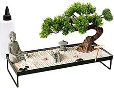 a bonsai tree and some rocks on a tray