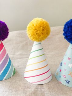 "POM PARTY HATS! We're seeing with rainbow colored glasses! So many styles of rainbow we can hardly contain our excitement. A Rainbow party theme is always a good theme. Hats are made of premium paper with a printed pattern, Poms are handmade. Hat measures 2.5\" across and 3.5\" tall. Hats look good on babies, adults even pets! Hats come assembled with a white elastic band - you can remove it if you wish to use a bobby pin or something else to hold it in place. LISTING IS FOR 1 POM HAT Need some Fun Mini Hats For Birthday Carnival, Playful Mini Hats For Birthday And Carnival, Playful Mini Hats For Birthday Carnival, Playful Mini Hats For Carnival Birthday, Playful Hats For Birthday And Carnival, Multicolor Beaded Party Hats, Playful Multicolor Carnival Hats, Pom Pom Party Hat, Multicolor Party Hat, One Size Fits Most