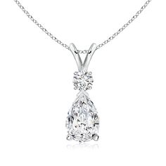 This classic solitaire pendant features a pear-shaped diamond, secured in a prong setting. A brilliant round diamond sits atop the sparkle gemstone adding to the design's beauty. Simple yet alluring, this diamond pendant with a lustrous v-bale. Teardrop Pendant, Solitaire Pendant, Pear Shaped Diamond, Diamond Pendant, White Diamond, Pear Shaped, Round Diamond, Prong Setting, Pendant Jewelry