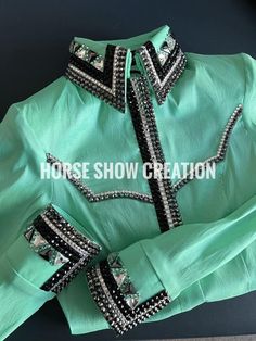 Green Western Show Shirt, Showmanship, Horsemanship, Western pleasure Rodeo Queen Vest set For Sale. Unveiling our Brand New Jacket and Vest done by the professionally tailor. Each and Every design made with the proper pattern, So that it wouldn't go to the wrong direction and haven't make you feel the clumsiness and tightened. We also set the seam from all sides of the corner for making the future alteration as we must not be forget to mention about the cloth that we use stretchable which is ve Diy Western Show Shirt, Western Shorts, Secretariat Horse, Western Show Clothes, Western Pleasure Horses, Western Show Shirts, Turquoise Western, Equestrian Fashion, Rodeo Queen